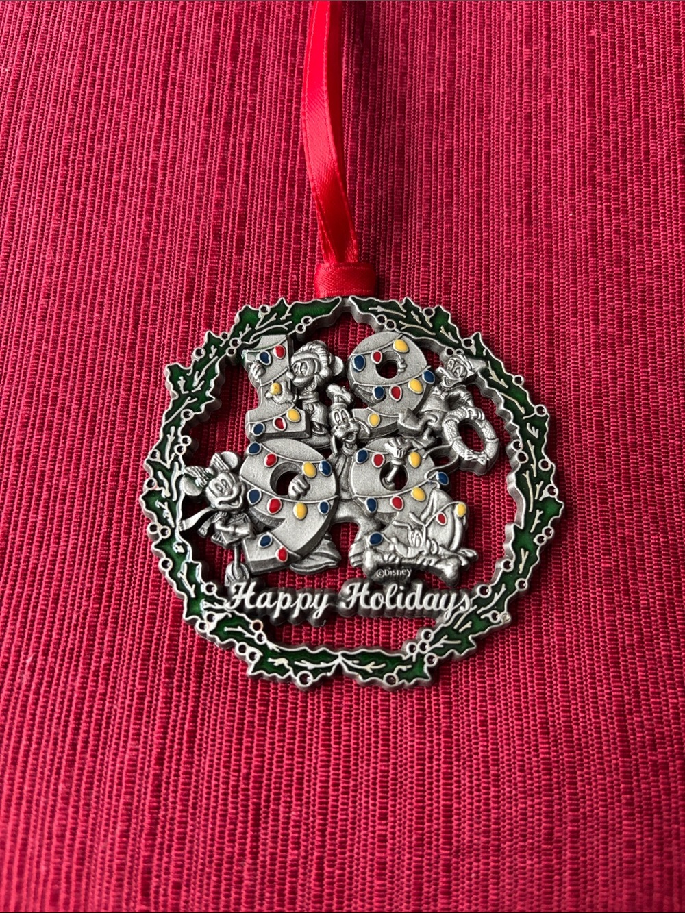 Disney Silver Mickey & Friends Holiday Wreath Ornament with Red Ribbon